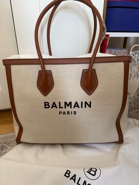 Balmain Canvas Tote with Brown Leather Trim